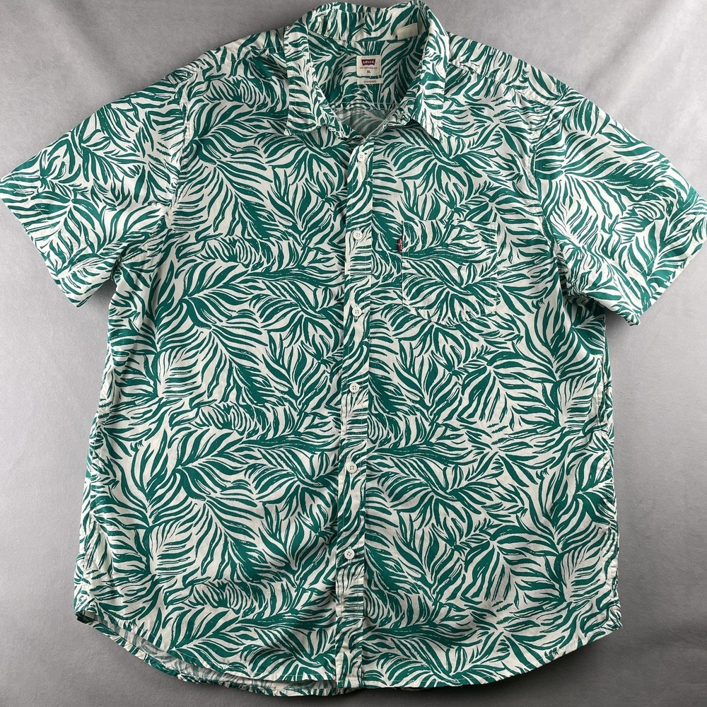 Levi's Shirt Mens XL Green White Tropical Palm Leaf Print Short‎ Sleeve Standard